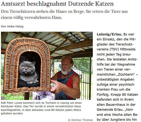 Sächsische Zeitung | 11. August 2017 | "Amtsarzt beschlagnahmt Dutzende Katzen" 