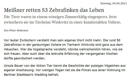 SZ | 24. April 2011 | "Meißner retten 24 Zebrafinken das Leben"