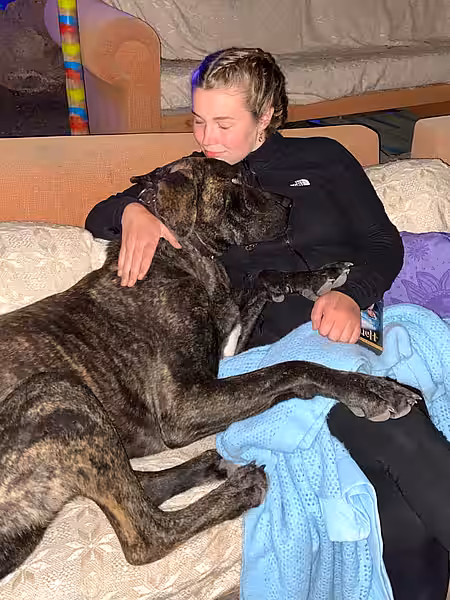 Schülerin kuschelt mit einem großen Hund Schülerin kuschelt mit einem großen Hund